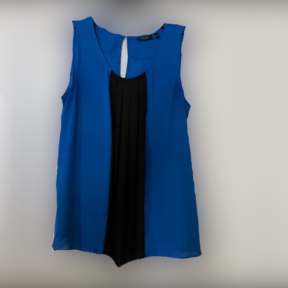 Blue Black Pleated Blouse Tank Shirt Colorblock Top Flowy Womens